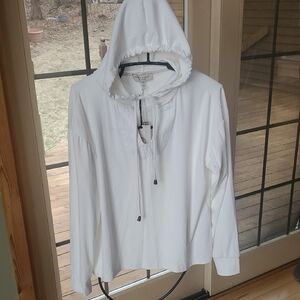 Martha Stewart White Hooded Long Sleeve Pullover‎ Tied Neck Sz. L Top
